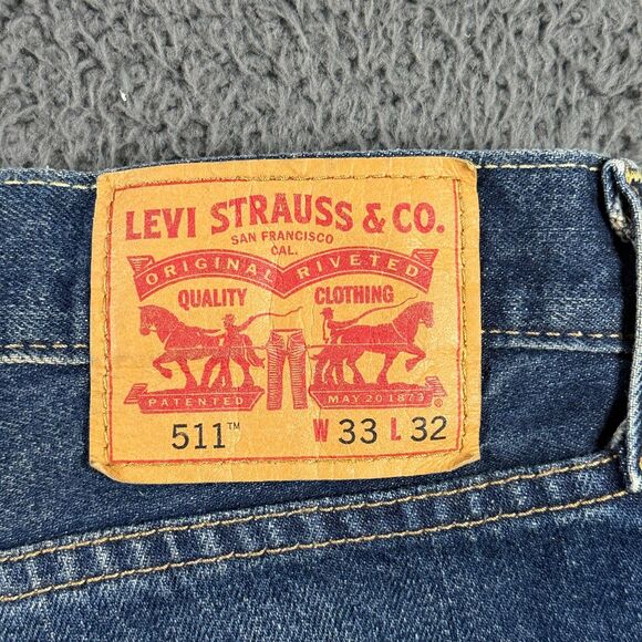 Levis 511 Jeans Mens 33x32 Blue Slim Fit Distressed Dark Wash Denim Pants - Picture 9 of 16